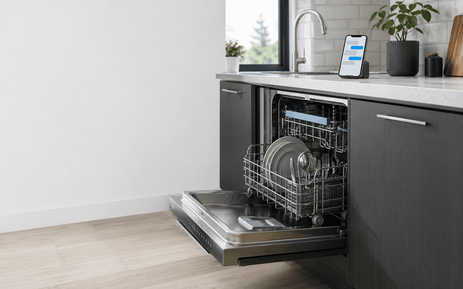 Open dishwasher in a kitchen with a phone showing a chat interface