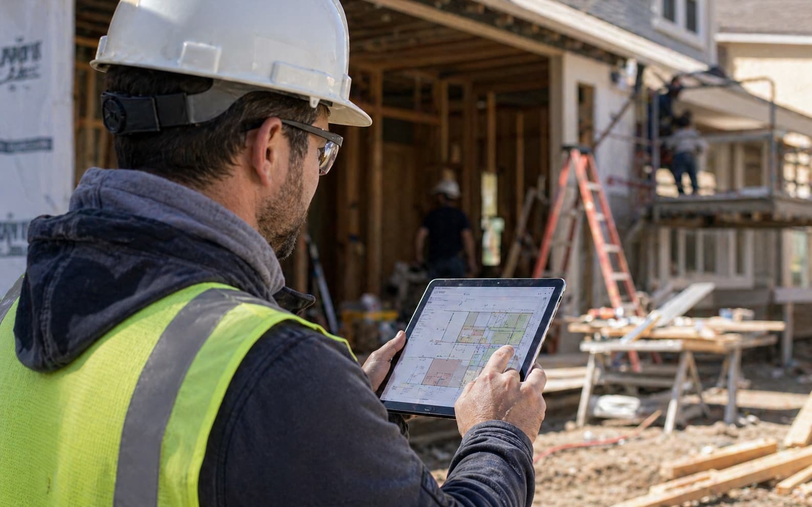 A contractor reviewing a digital project plan on a tablet at a residential jobsite.