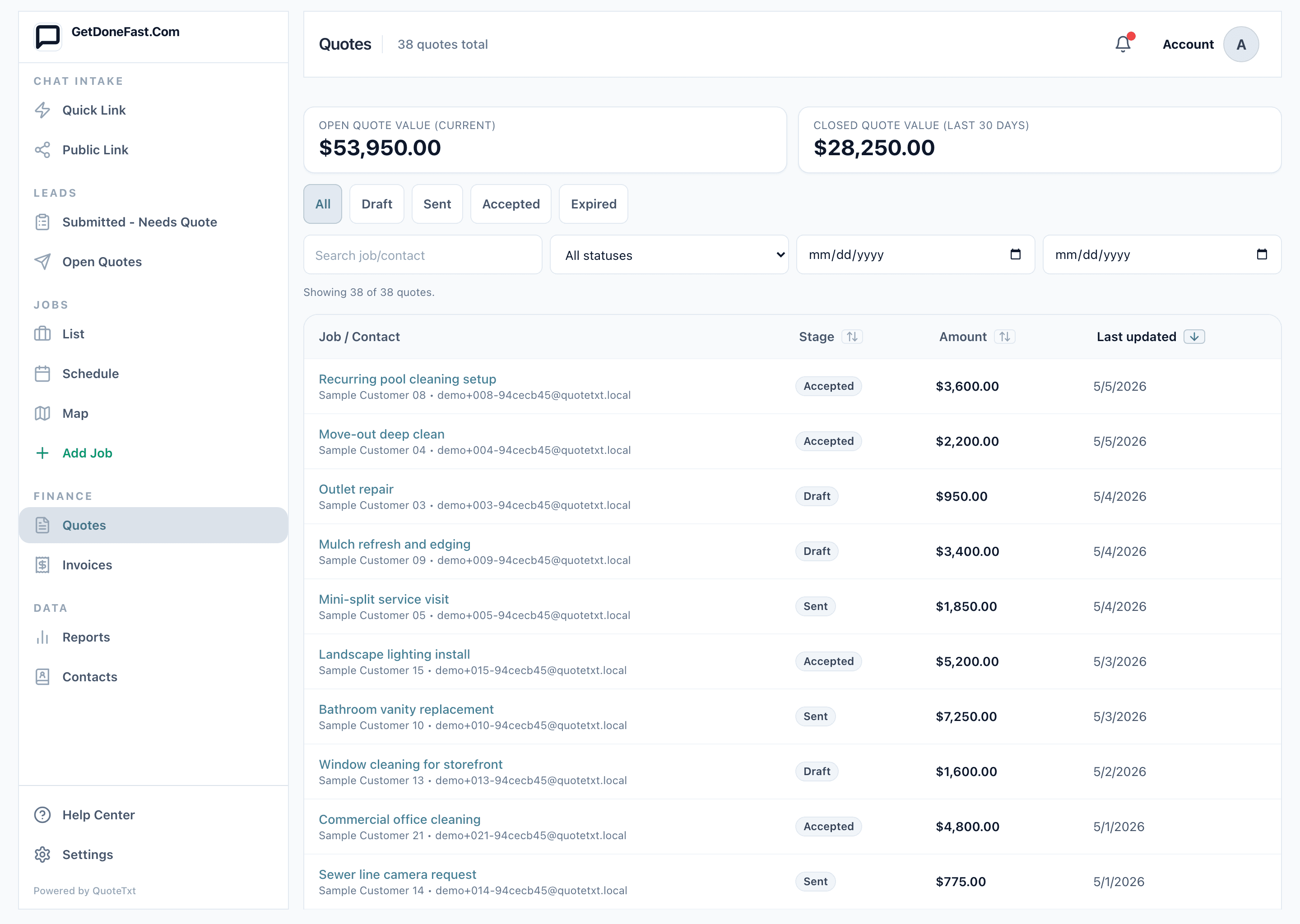 QuoteTxt quote screen for building and sending quotes