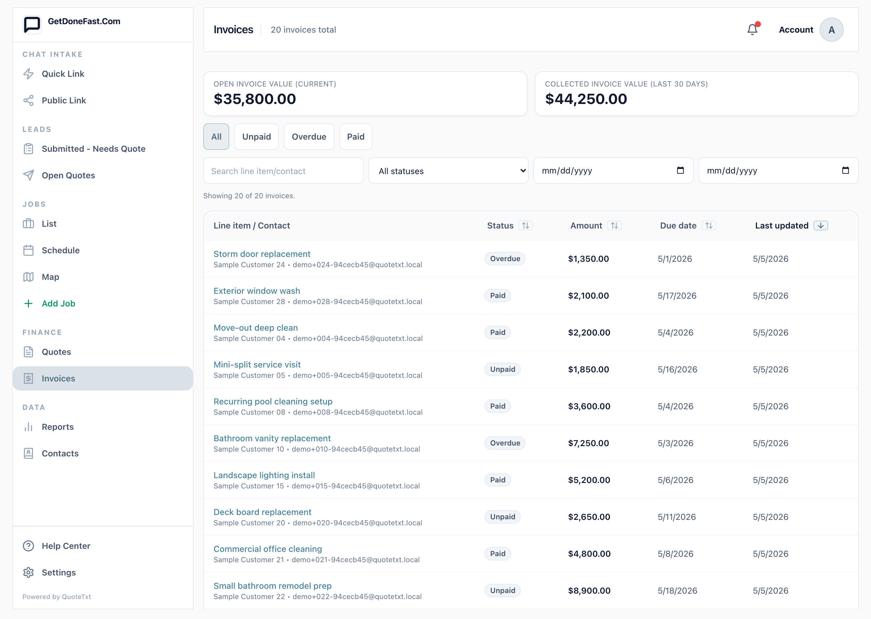 QuoteTxt invoice screen for sending invoices from the job record
